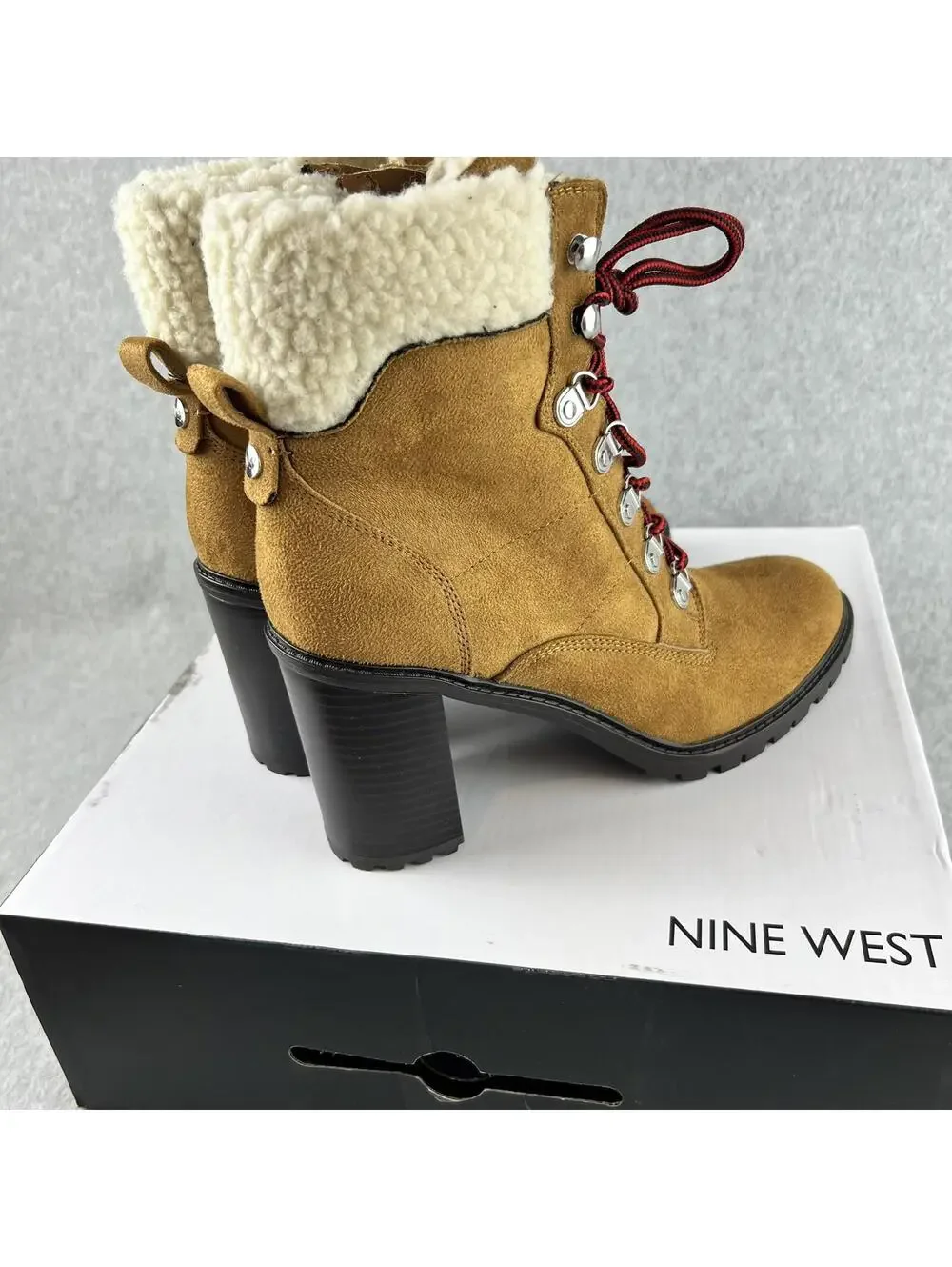 Nine West Ankle Boots Womens 9.5 Block Heel Faux Suede Shearling Trim